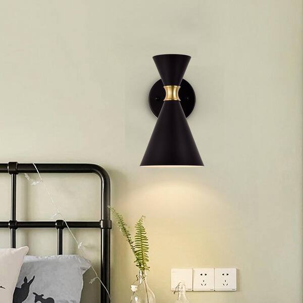 1-Light Black Wall Sconce with Brass Accents