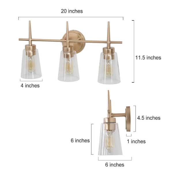 Farmhouse Gold Bathroom Vanity Light, Dule 3-Light Modern Bell Brass Vanity Light Bar with Clear Glass Shades