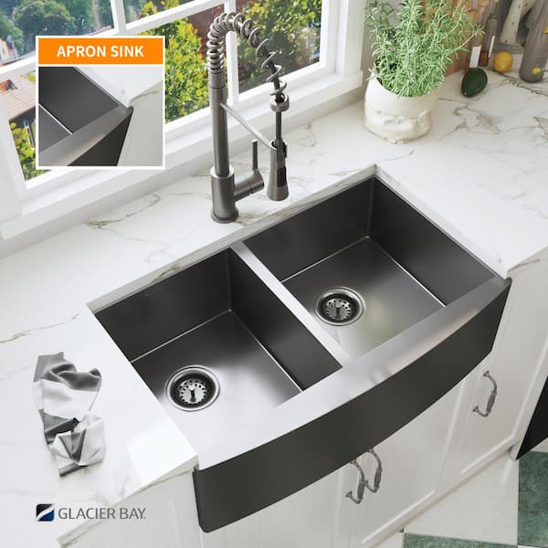Gunmetal Black Stainless Steel 36 in. 18-Gauge Double Bowl Farmhouse Kitchen Sink with Black Spring Neck Faucet