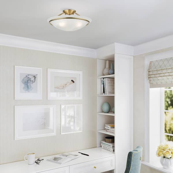 Newburgh 16 in. 3-Light Antique Brass Semi-Flush Mount with White Alabaster Glass