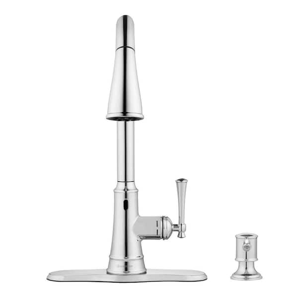 Hemming 1-Handle Touchless Pull Down Sprayer Kitchen Faucet with TurboSpray, FastMount and Soap Dispenser in Chrome