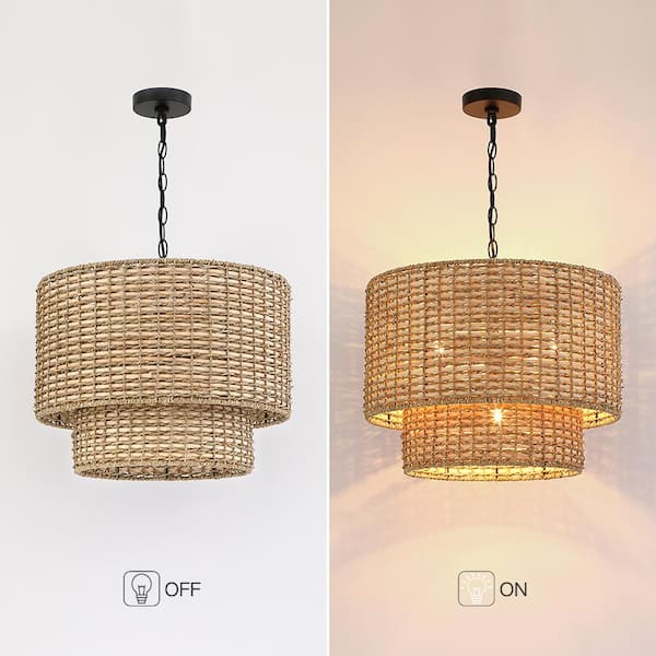 Seymour 20 in. 4-Light Black Canopy Natural Rattan Tiered Drum Pendant Chandelier Light