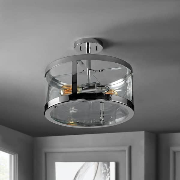 Herndon 15 in. Chrome 2-Light Iron/Glass Modern Drum LED Flush Mount