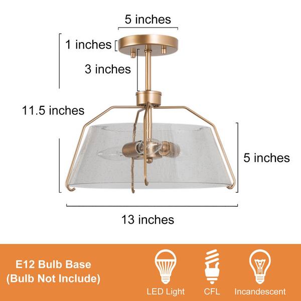 Firefly 13 in. 3-Light Antique Gold Semi Flush Mount Lighting Modern Foyer with Open Seedy Glass Shade