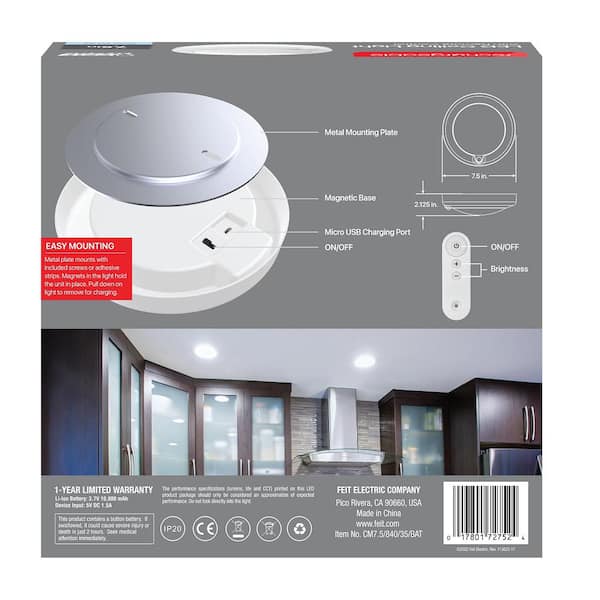 7.5 in. Battery Operated LED White 35-WH Rechargeable w/Remote Control 4000K Cool White Ceiling Fixture Light (1-Pack)