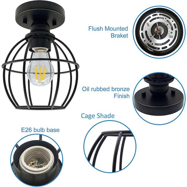 6.5 in. Oil Rubbed Bronze Semi Flush Mount with Metal Cage Ceiling Light Fixture 2 x A19 LED Bulb Included (2-Pack)
