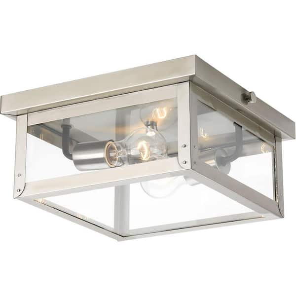 Union Square Collection 2-Light Stainless Steel Clear Flat Glass Farmhouse Outdoor Close-to-Ceiling Light