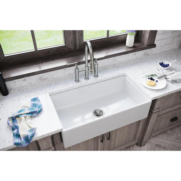 Burnham White Fireclay 33 in. Single Bowl Farmhouse Apron Kitchen Sink