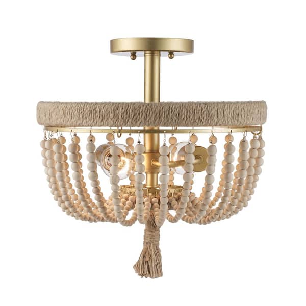 Taylan 14 in. 2-Light Antique Gold Semi Flush Mount Ceiling Light Fixture with Jute Rope and Wood Beaded Shade
