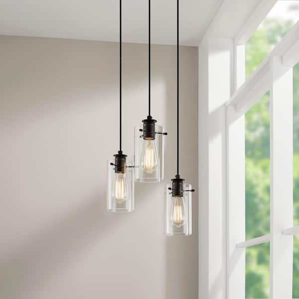 Regan 3-Light Espresso Pendant Hanging Light with Clear Glass Shades, Industrial Kitchen Pendant Lighting