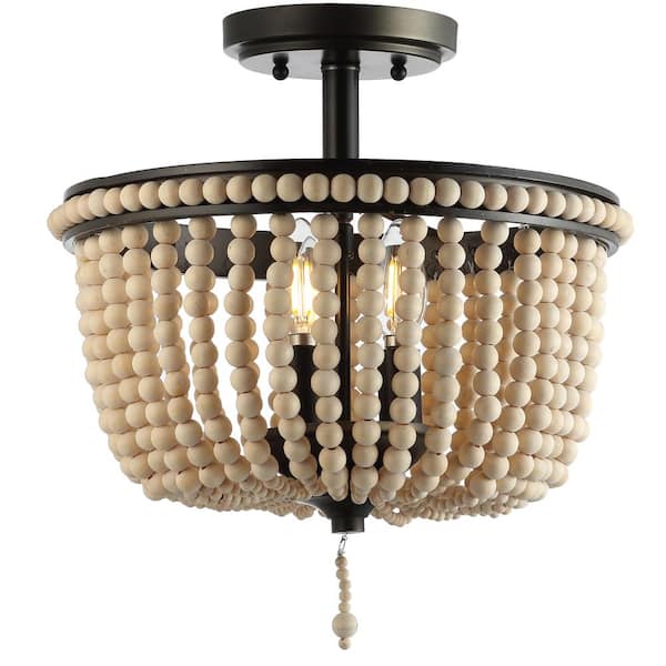 Allie 14 in. Wood Beaded/Metal LED Flush Mount, Black /-Light Taupe