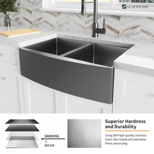 Gunmetal Black Stainless Steel 36 in. 18-Gauge Double Bowl Farmhouse Apron Kitchen Sink