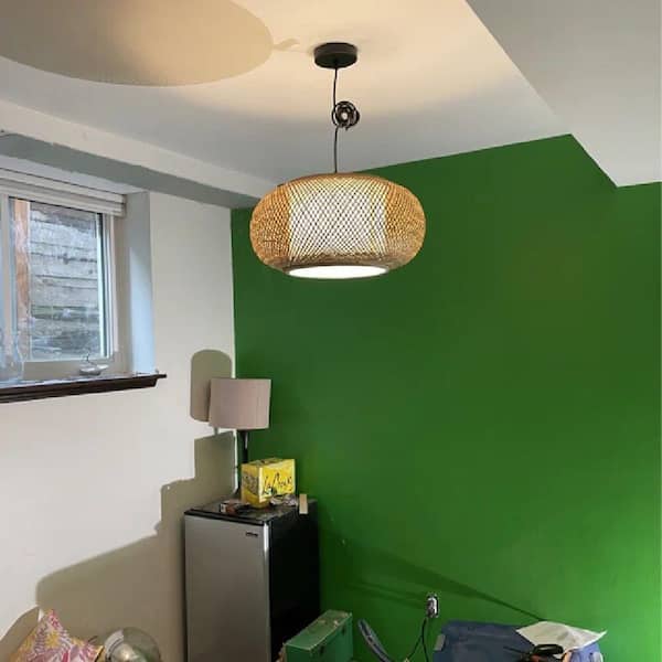 60 -Watt 1-Light Black Oval Bamboo Pendant Light with Fabric Shade, No Bulbs Included