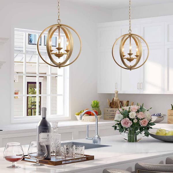Modern Chandelier Pendant Light 3-Light Gold Globe Cage Dining Room Chandelier