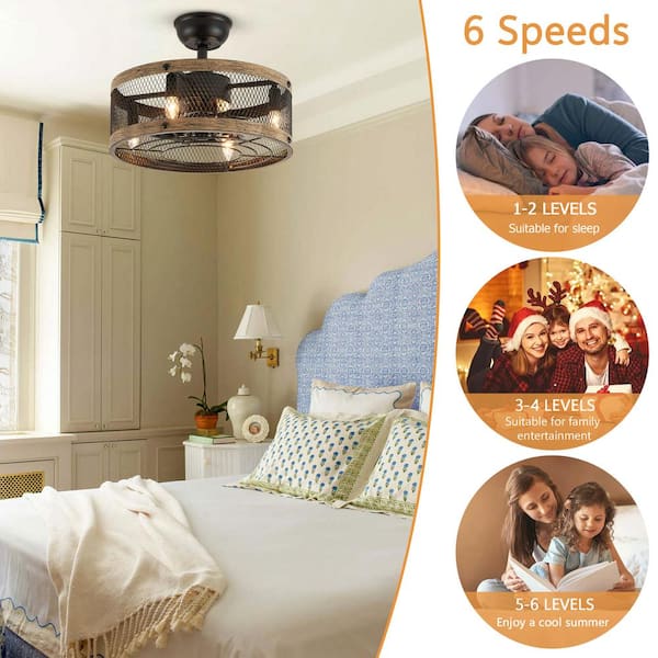 18 in. Indoor Farmhouse Wood Grain Caged Ceiling Fan with Light and Small Black Bladeless Ceiling Fan with Remote