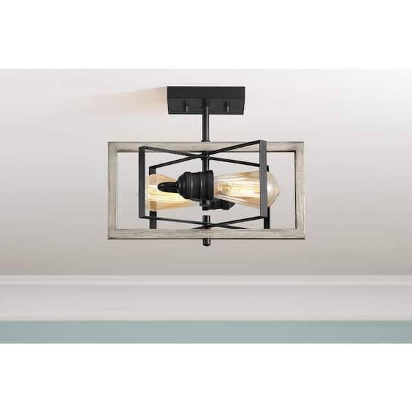 Palermo Grove 2-Light Graphite Semi-Flush Mount, Farmhouse Ceiling Light with Bleached Oak Accents