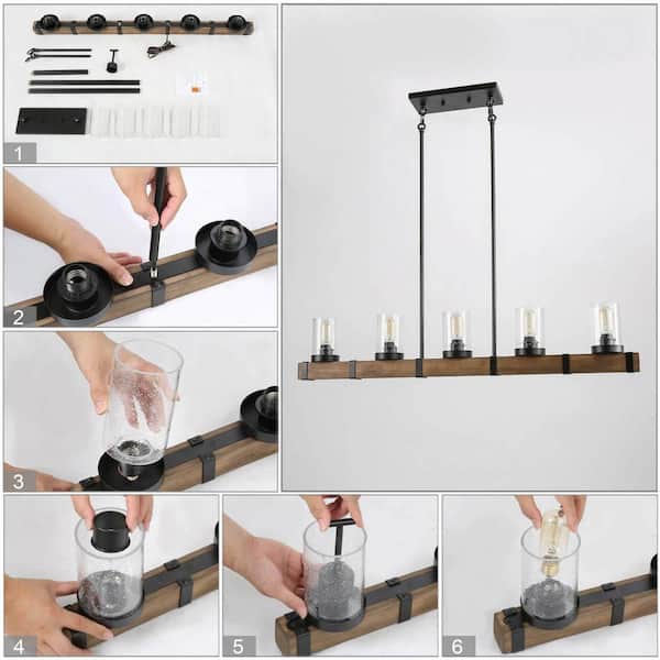 Linear Wood Chandelier, Brown Rectangular 5-Light Island Pendant Light Black Farmhouse Chandelier with Seedy Glass Shade