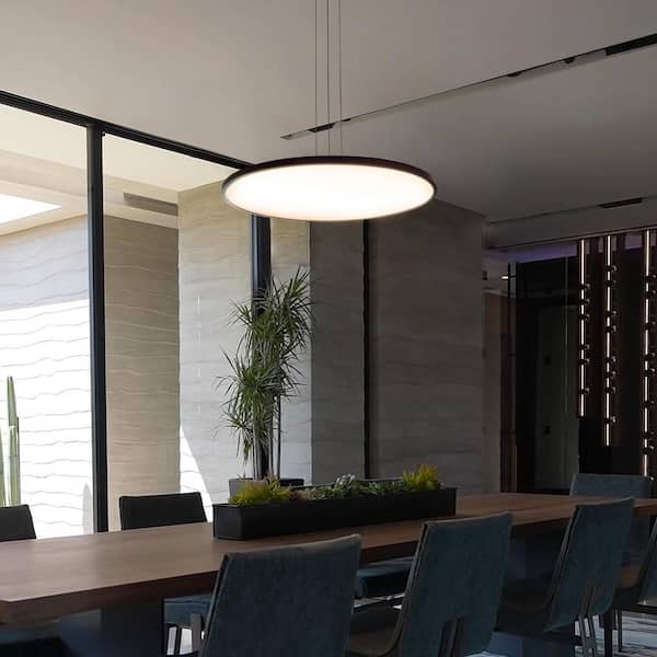 Salm 48.55-Watt ETL Certified Integrated LED Black Height Adjustable Chandelier with 24 in. Wide LED Disk Pendant