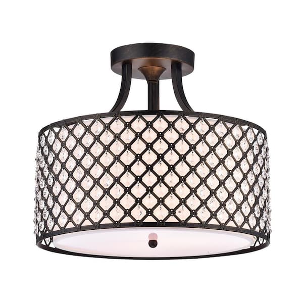 Belle 15 in. 3-Light Glam Antique Black Semi-Flush Mount with Crystal Beaded Drum Shade