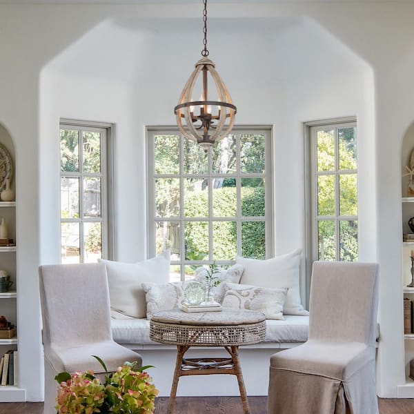 4-Light Rustic Bronze Farmhouse Globe Island Chandelier with Tear-Drop Wood Cage Transitional Candlestick Pendant Light