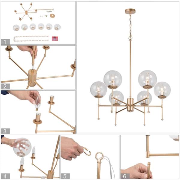 Mid-Century Dining Room Chandelier 6-Light Modern Brass Gold Candlestick Chandelier with Seeded Glass Shades