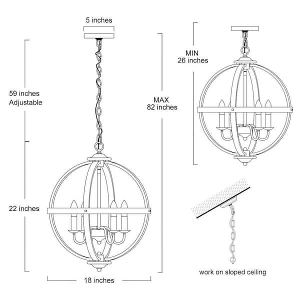 Rustic Globe Candlestick Brushed Silver Chandelier 4-Light Island Farmhouse Cage Pendant Chandelier with Wood Accents
