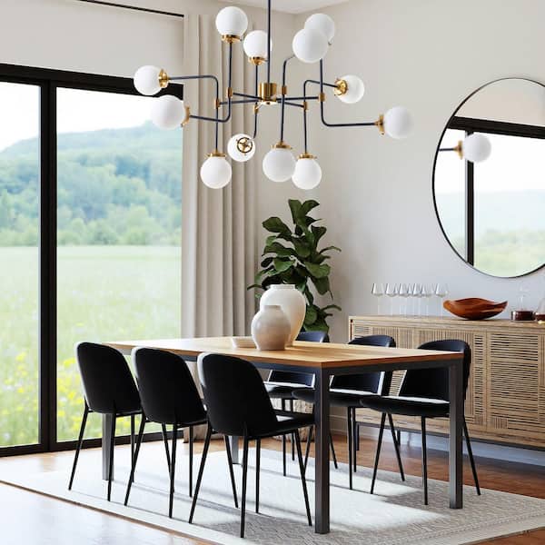 12-Light Black and Gold Modern Sputnik Chandelier with Opaline Shades