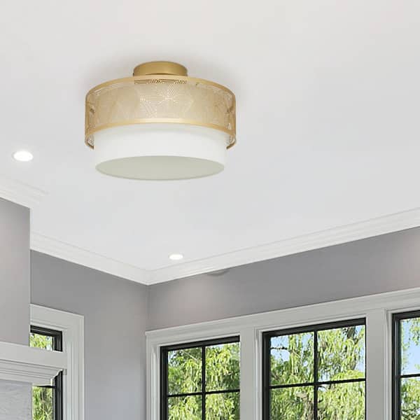 Sloane 13.125 in. Dual-Light Gold-Tone Semi-Flush Mount with White Fabric Drum Shade