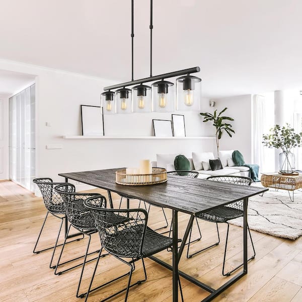 Modern 5-Light 37 in. Matte Black Linear Island Chandelier with Clear Glass Shades, Kitchen Hanging Pendant Light