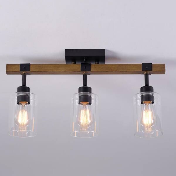 Austin 2 ft. 3-Light Faux Wood Fixed Track Lighting Kit with Matte Black Accents and Clear Glass Shades