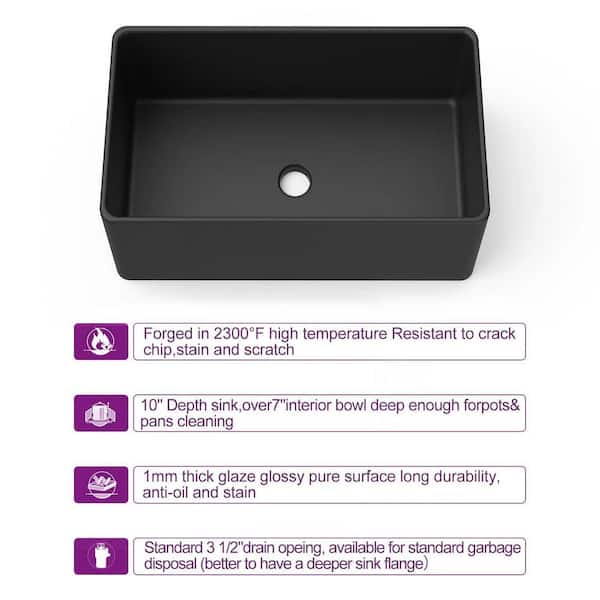 Fireclay 30 in. L x 18 in. W Black Single Bowl Farmhouse Apron Kitchen Sink with Grid and Strainer