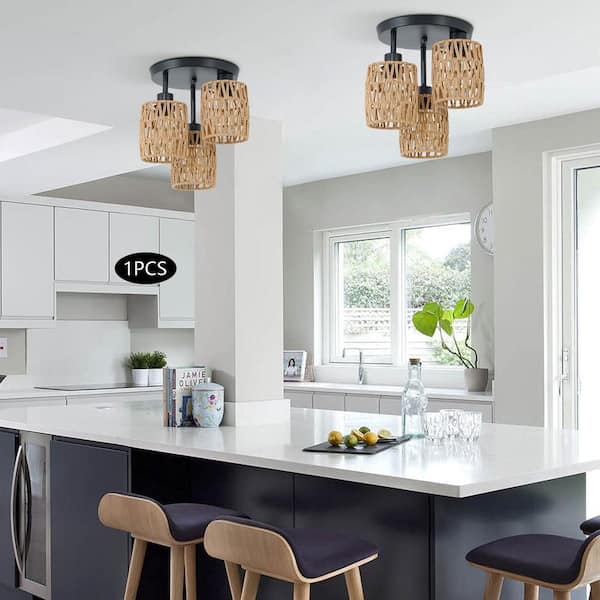 11.81 in. 3-Light Black and Brown Farmhouse Rattan Semi Flush Mount Ceiling Light for Kitchen and No Bulbs Included