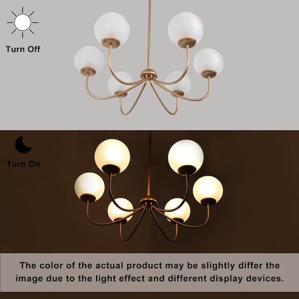 Modern Deep Gold 6-Light Chandelier 27 in. Classic Globe Candlestick Frosted Glass Shades High Ceiling Light