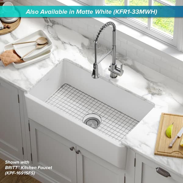 Turino Matte Gray Fireclay 33 in. Single Bowl Farmhouse Apron Kitchen Sink