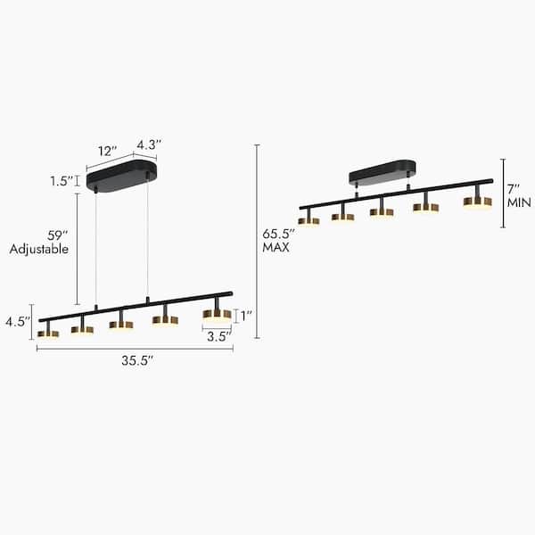35.5 in. 5-Light Black Integrated LED Pendant Light, Farmhouse Modern Linear Chandelier, Brass DIY Island Pendant Light
