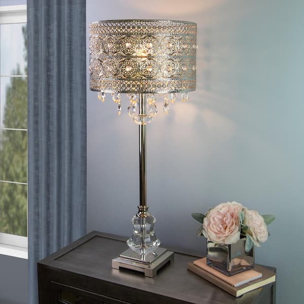 Brielle 28.75 in. Silver Table Lamp with Polished Nickel and Crystal Shade