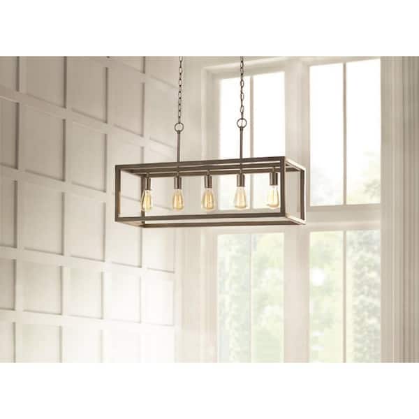 Boswell Quarter 5-Light Brushed Nickel With Weathered Wood Accents Coastal Linear Island Chandelier Bulbs Included