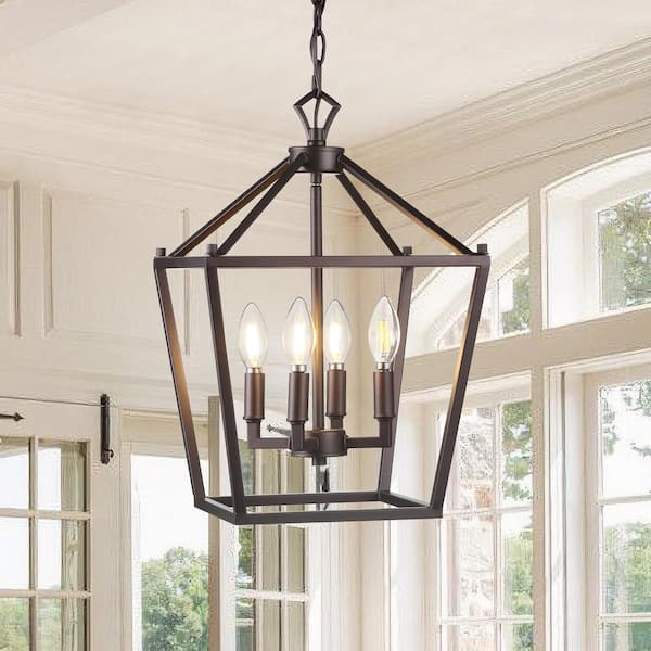 Pagoda 12 in. 4-Bulb Oil Rubbed Bronze Lantern Metal LED Pendant