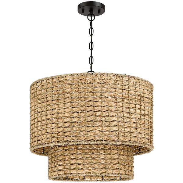 Elis 20 in. 4-Light Natural Rattan Traditional Drum Pendant Light Black Canopy