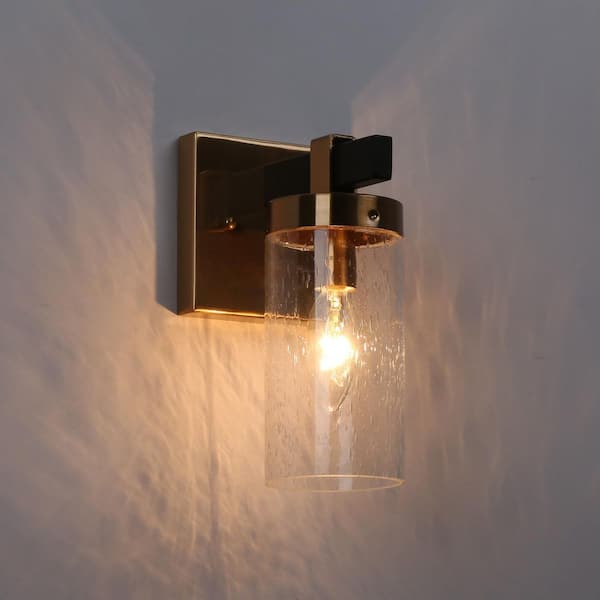 Musom 1-Light Modern Brass Gold Wall Sconce, Seeded Glass Black Bathroom Vanity Light, Powder Room DIY Tube Bath light