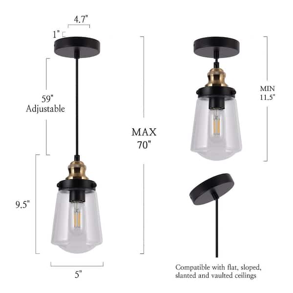 Modern Kitchen Island Chandelier Pendant Light 1-Light Black and Brass Cylinder Pendant Light with Clear Glass Shade