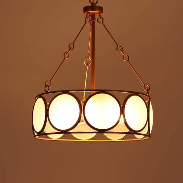3-Light Antique Gold Modern Pendant Light, Frosted Glass Round Chandelier, Transitional Dining Room Drum Chandelier