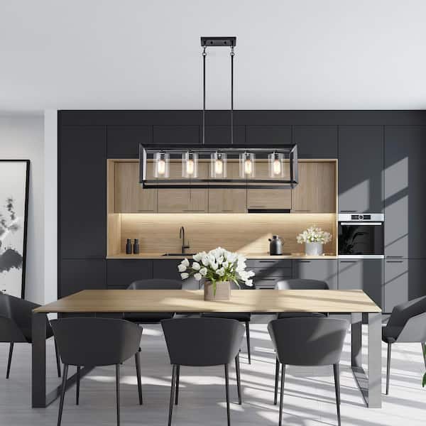 Richard 5-Light Antique Black Rectangular Kitchen Island Chandelier with Seeded Glass Shades