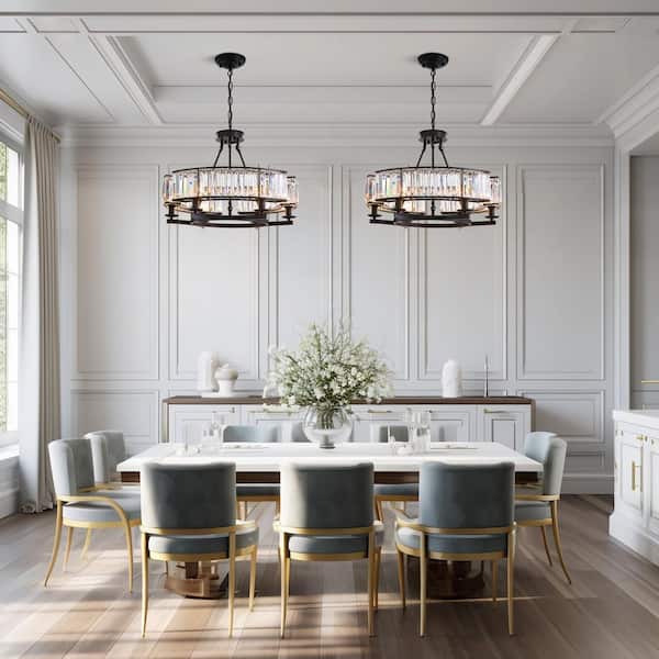 6-Light Black Modern Crystal Chandelier Drum Island Adjustable Hangding Semi Flush Mount Ceiling Light