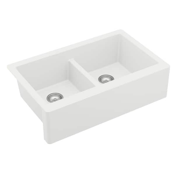 QA-750 Quartz/Granite 34 in. Double Bowl 50/50 Farmhouse/Apron Front Kitchen Sink in White with Grid and Strainer