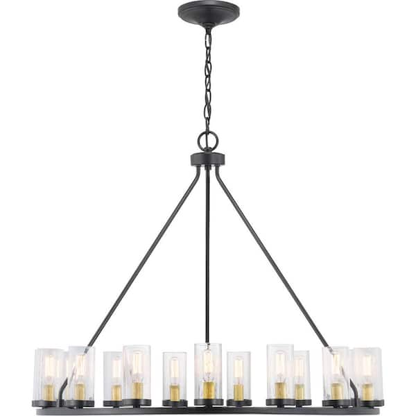 Hartwell 32-5/8 in. 15-Light Bronze Farmhouse Wagon Wheel Chandelier with Brass Accents & Clear Seeded Glass