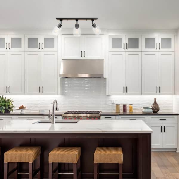 Griffith 25 in. 3-Light Faux Wood and Matte Black Track Lighting with Clear Glass Shades