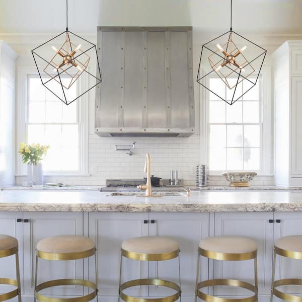 Black Sputnik Candlestick Island Chandelier, Linear Square Modern Industrial 6-Light Gold Nested Cage Pendant Light