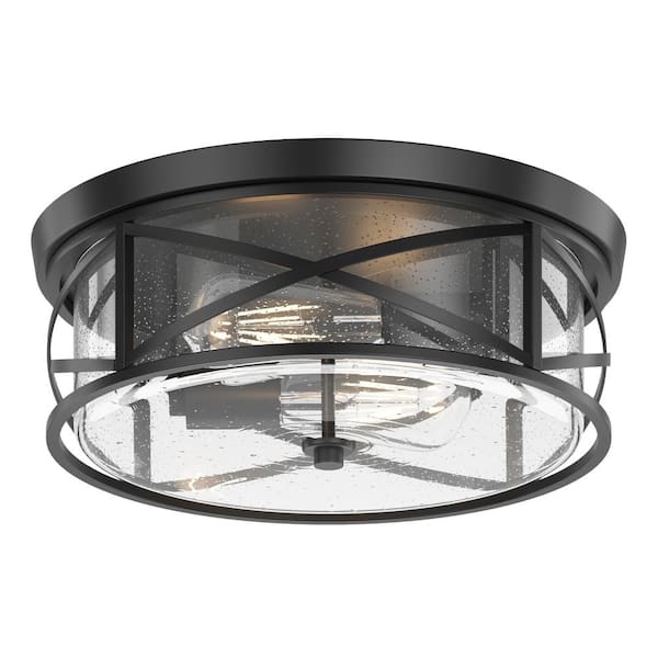 Industrial 13.77 in. 2-Light Black Farmhouse Flush Mount Ceiling Light with Seeded Glass Shade