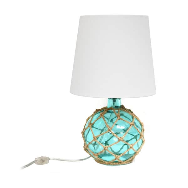 15.25 in. 1-Light Aqua Buoy Rope Nautical Netted Coastal Ocean Sea Glass Table Lamp with White Fabric Shade